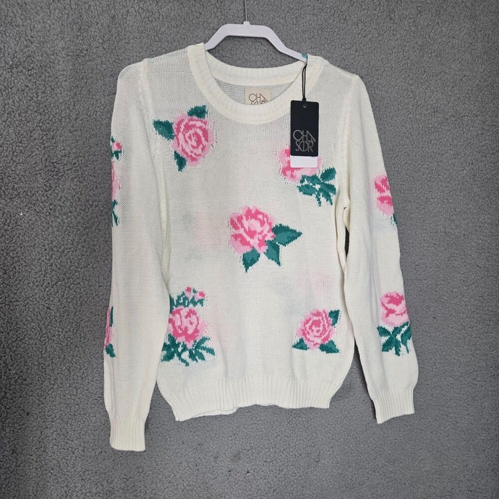 Chaser Roses Sweater Womens L White Floral Crew Neck Long Sleeve NWT Ribbed Hem